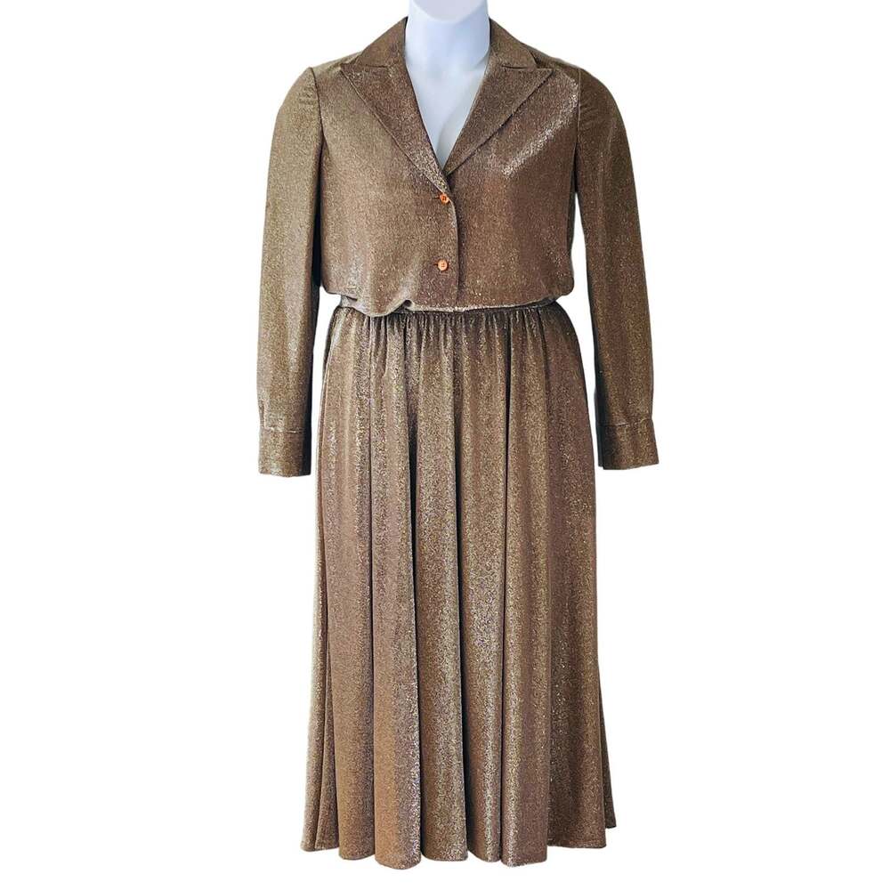 VINTAGE 70s Hand Made Metallic Jersey 2 Piece Dress Size Medium
